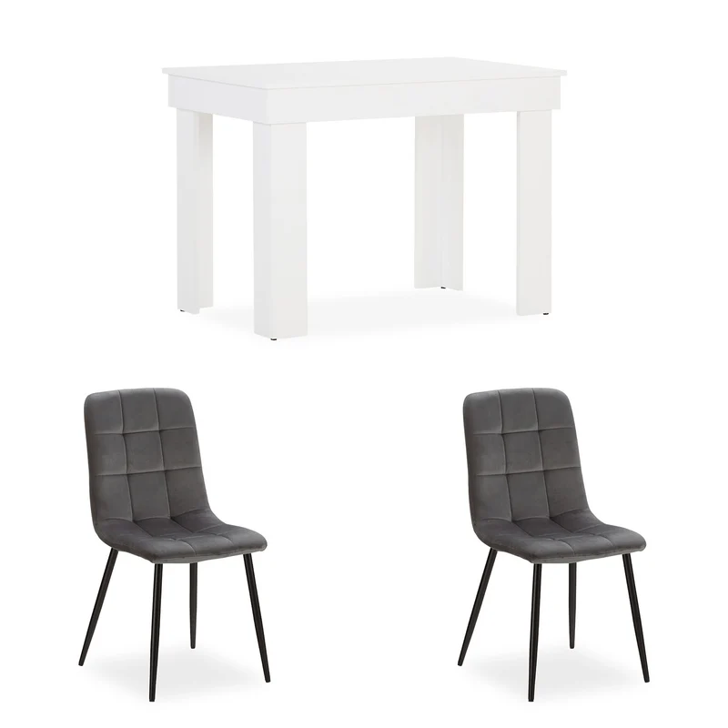 Essgruppe | 2er-Set Polsterstühle Grau Samt ohne Armlehne | Esstisch Weiss 90 x 60 cm