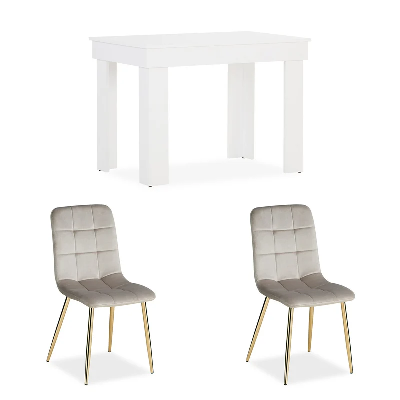Essgruppe | 2er-Set Polsterstühle Creme Samt ohne Armlehne | Esstisch Weiss 90 x 60 cm