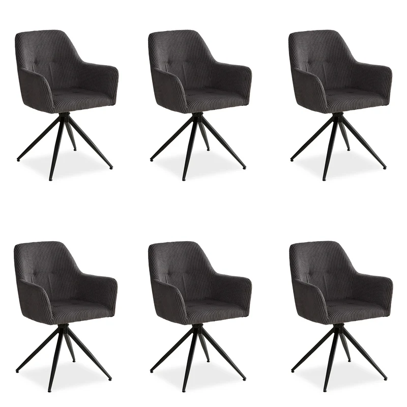 Polsterstuhl Cord Grau | 6er Set | drehbar | mit Armlehnen | Küche Esszimmer Büro