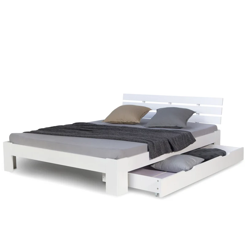 Holzbett 140x200 cm Weiss | Doppelbett mit Bettkasten | mit Lattenrost | massiv | Kind Jugend Gast