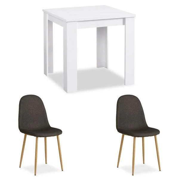 Essgruppe mit 2 Stühlen Esstisch Weiss 80x80 cm Esszimmertisch Holz Massiv Polsterstühle Anthrazit