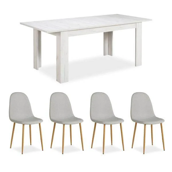 Essgruppe mit 4 Stühlen Esstisch Esszimmertisch Weiss Vintage Holztisch Massiv Polsterstühle Grau