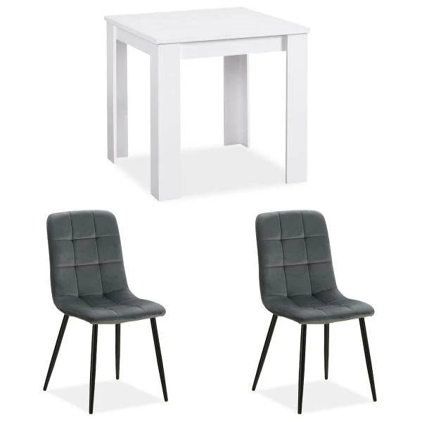 Essgruppe mit 2 Stühlen Esstisch Weiss 80x80 cm Esszimmertisch Holz Massiv Polsterstühle Samt Grau