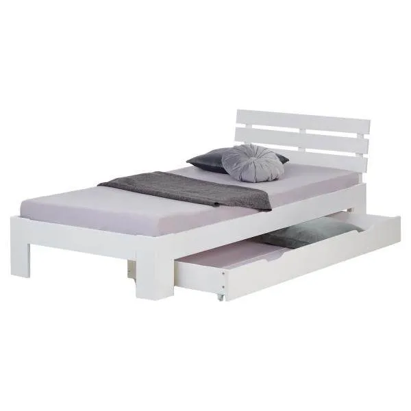 Einzelbett mit Bettkasten 90x200 Holzbett Futonbett Weiss Kiefer Massivholz