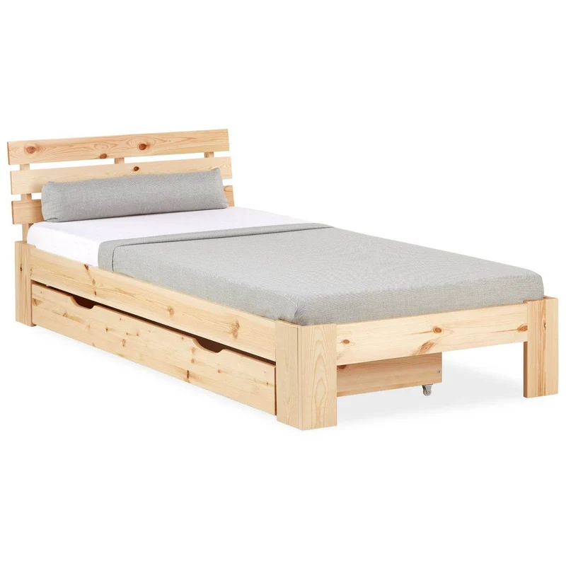 Holzbett mit Bettkasten 90x200 Futonbett Natur Kiefer Massivholz