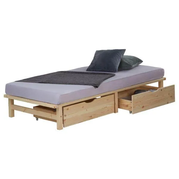 Palettenbett 90x200 cm mit Bettkasten 2er Set Lattenrost Holzbett Natur