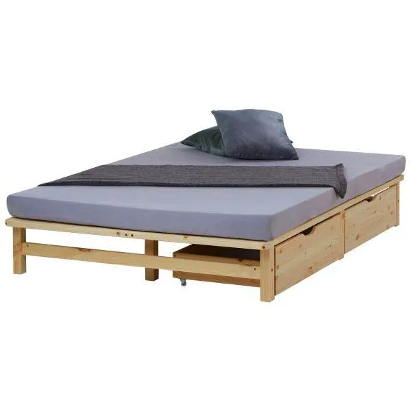 Palettenbett 140x200 cm mit Bettkasten 2er Set Lattenrost Holzbett Natur