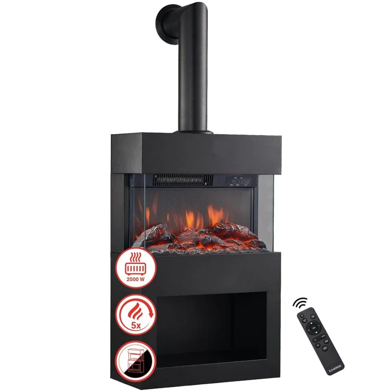 KAMINIO Elektrokamin HENRI mit Ofenrohr - mit Heizung Holzfach Schwarz
