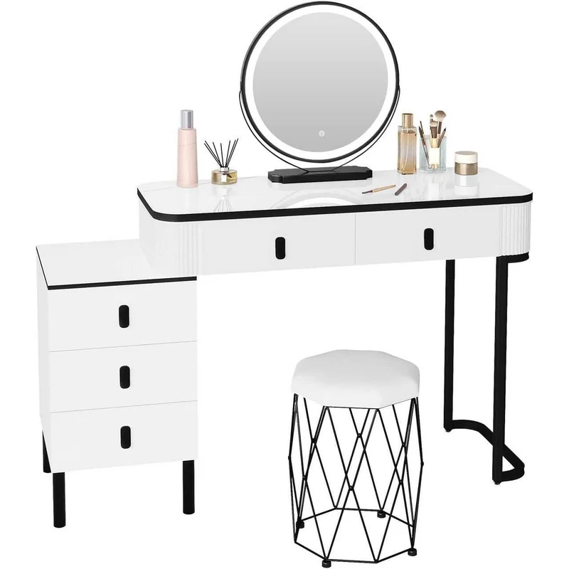 Schminktisch, Hocker aus Samt, Spiegel mit LED, Seitenschrank Weiss