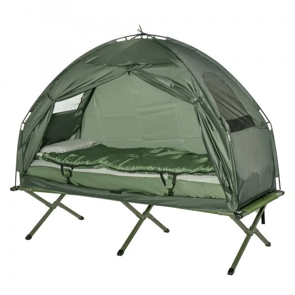 Campingbett Set mit Zelt Schlafsack Matratze 4 in 1 faltbar Dunkelgrün