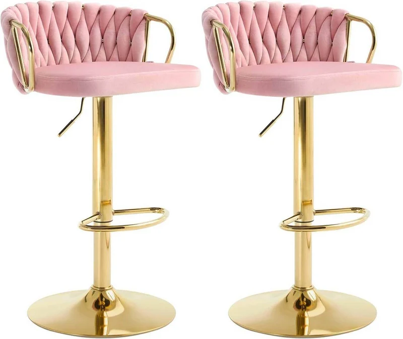 2x Barhocker Samtstuhl Fussstütze Gold Rosa
