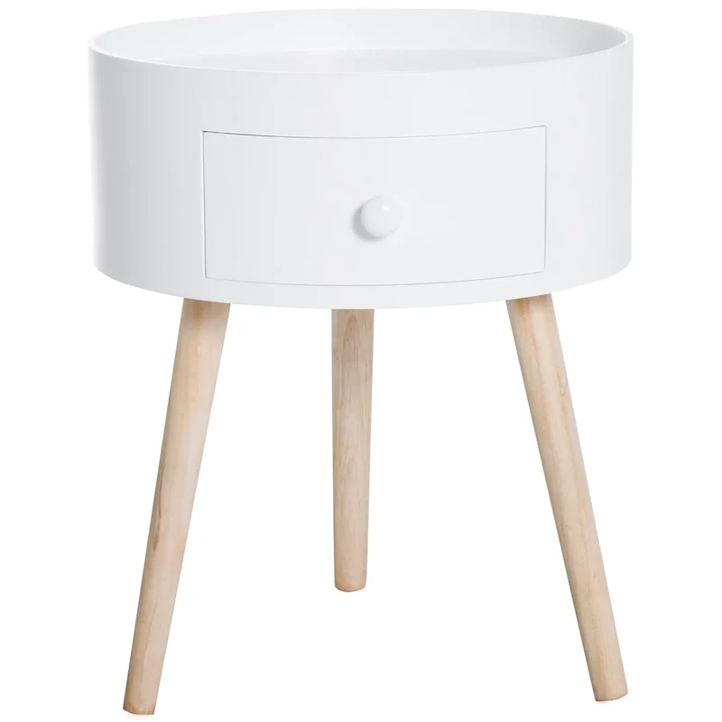 Couchtisch rund Beistelltisch mit Schublade Holz Weiss