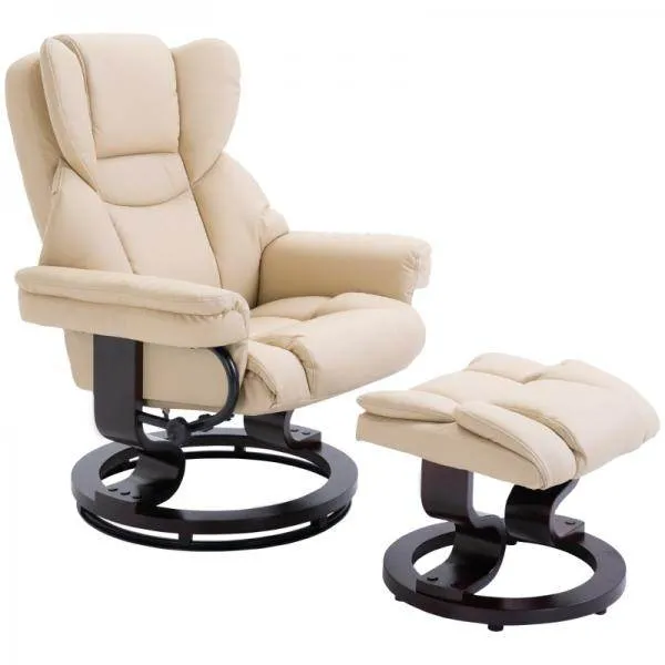Relaxsessel mit Hocker, Liegefunktion, drehbar, bis 160 kg, Kunstleder creme
