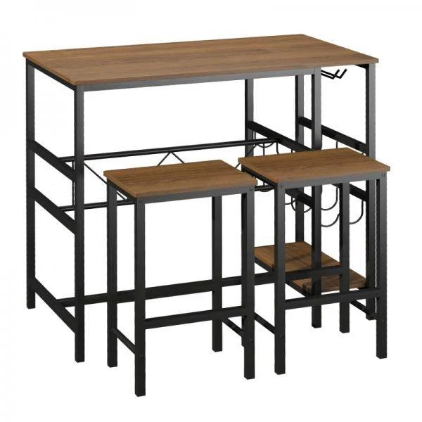 Bartisch-Set, Stehtisch mit 2 Barhockern, 3-teiliges Tischset Natur+Schwarz