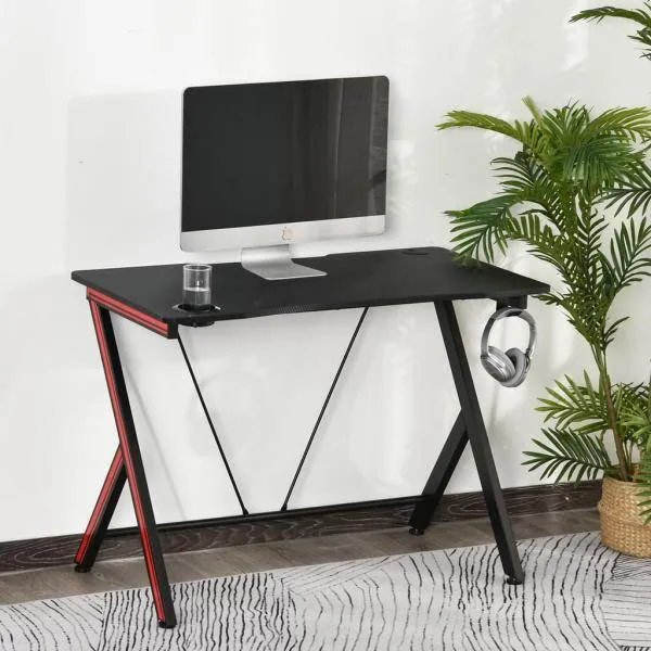 Gaming-Tisch Schreibtisch Computertisch mit Kopfhörerhaken Stahl + MDF Schwarz