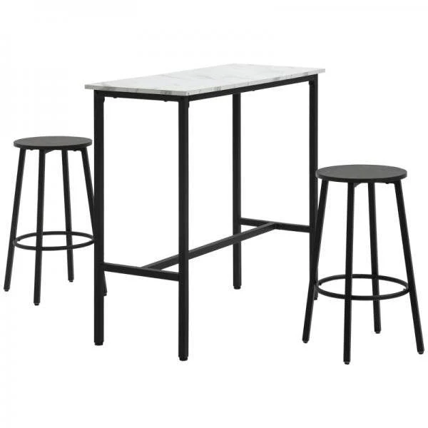 Bar-Set für 2 Personen, 1 Tisch mit 2 Barhockern, Tischplatte in Weisser Marmoroptik, Stahlrahmen