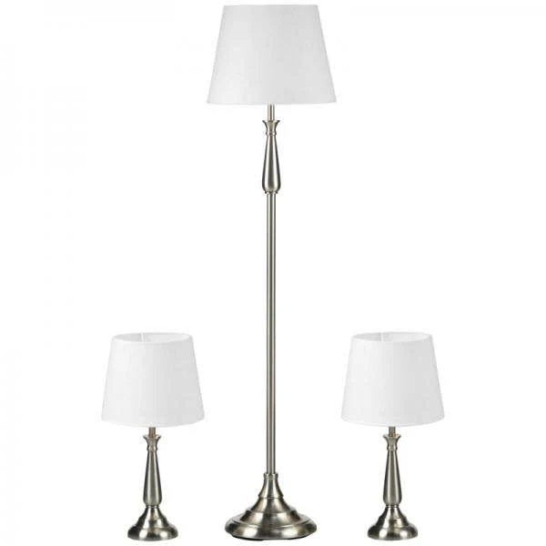 3-teiliges Lampenset im Vintage-Design, 2 Tischleuchten, 1 Stehleuchte Silber + Weiss