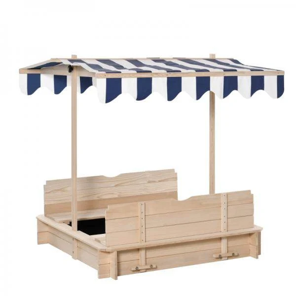 Sandkasten Sandkiste aus Holz mit Dach abnehmbar Rücklehnen verstellbar Tannenholz Natur
