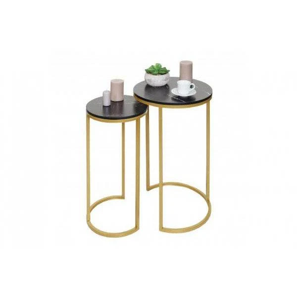2er-Set Beistelltisch Kaffeetisch Nachttisch Loungetisch, Marmor-Optik FSC-zertifiziert MDF ~ schwarz-gold