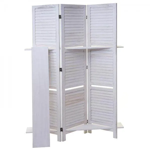 Paravent Yvelines, Trennwand Raumteiler mit Regalböden 170x125cm, Shabby Look ~ weiss/weiss