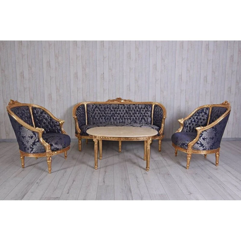 Sitzgarnitur 4-teilig Sitzgruppe Barock Sofa 2 Sessel Couchtisch Marmortisch