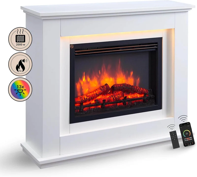 BALDERIA Baldur Elektrokamin mit Heizung bis 2000W, 3D-Flammeneffekt Weiss