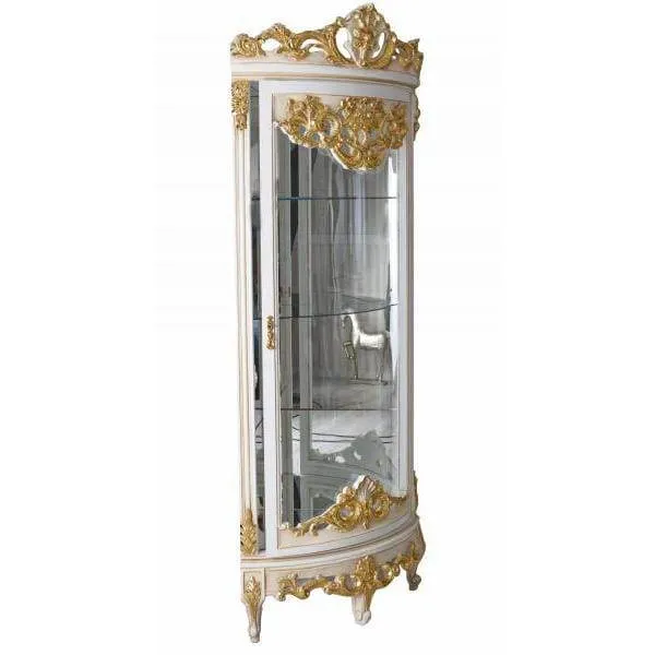 BAROCK VITRINE ANTIK ECKVITRINE WEISS GOLD ECKSCHRANK ECKREGAL ROKOKO VITRINENSCHRANK