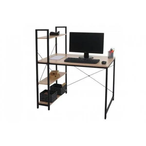 Schreibtisch mit Regal Laptoptisch Bürotisch Arbeitstisch, 100x60cm Metall Holz ~ natur