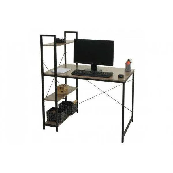 Schreibtisch mit Regal Laptoptisch Bürotisch Arbeitstisch, 100x60cm Metall MDF ~ grau-braun