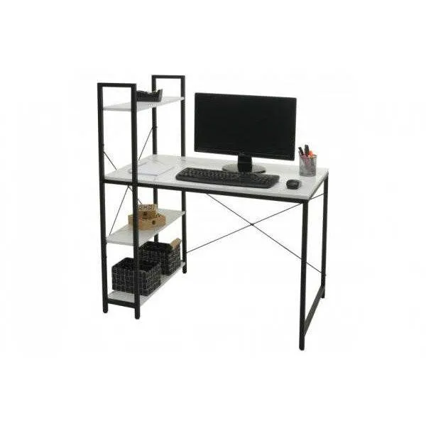 Schreibtisch mit Regal Laptoptisch Bürotisch Arbeitstisch, 100x60cm Metall MDF ~ Marmor-Optik weiss