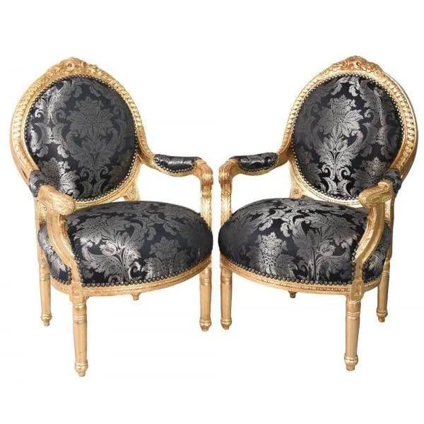 2X ROKOKO SESSEL KÖNIGLICHES AMBIENTE SCHWARZ GOLD