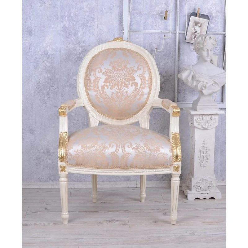 KÖNIGLICHER MEDAILLON SESSEL BAROCKSTIL CREME-WEISS SILBER+GOLD