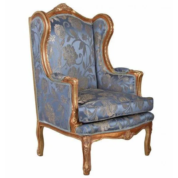 BAROCK OHRENSESSEL KÖNIGLICHER THRON ARMLEHNSESSEL ANTIK GOLD SILBER-BLAU