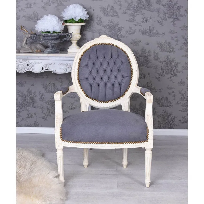 ROMANTISCHER BAROCK SESSEL IM SHABBY CHIC VINTAGE STIL CREME WEISS GRAU