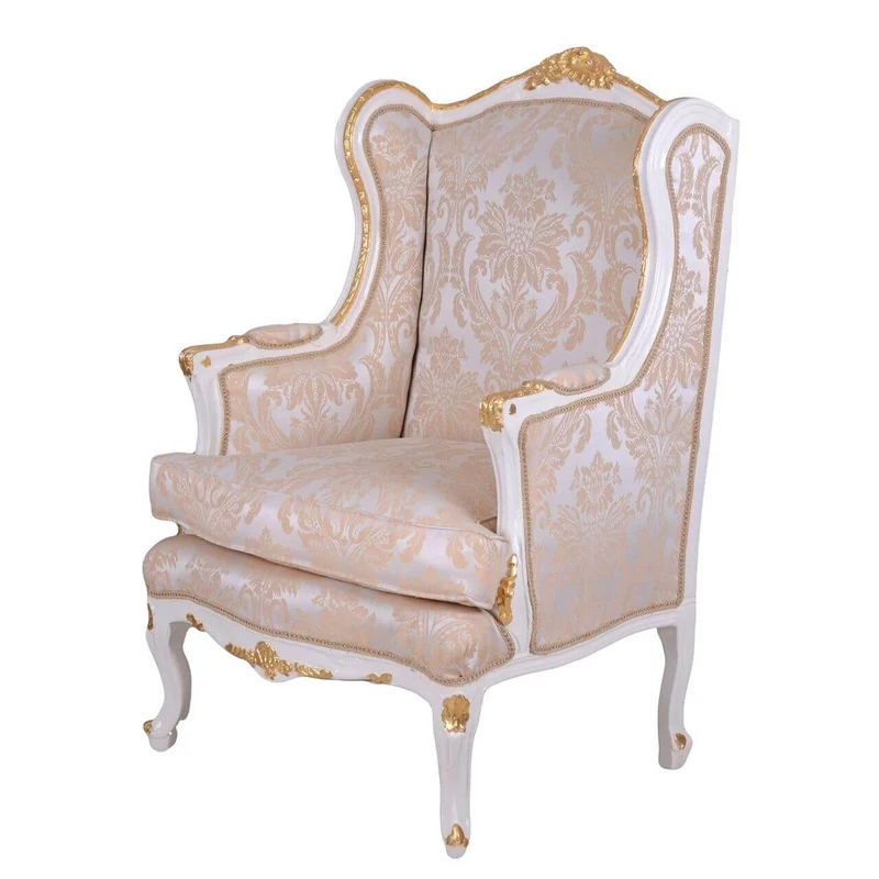 BAROCKER OHRENSESSEL ARMLEHNSESSEL ANTIK CREME-WEISS SILBER-GOLD