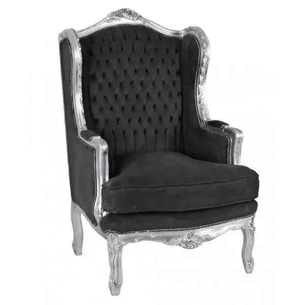 Ohrensessel Barock Silber Schwarz Rokoko Armlehnsessel Antik