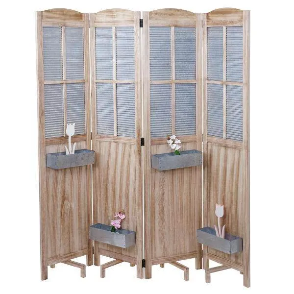Paravent HWC-D26 Pflanzkörbe, Raumteiler Trennwand spanische Wand Sichtschutz, Holz Metall 170x161x29cm
