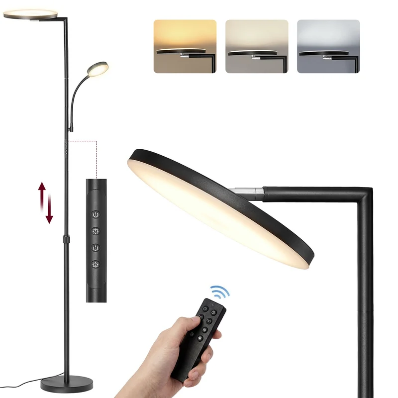 Moderne Stehlampe mit drehbarem Lampenkopf und Timerfunktion