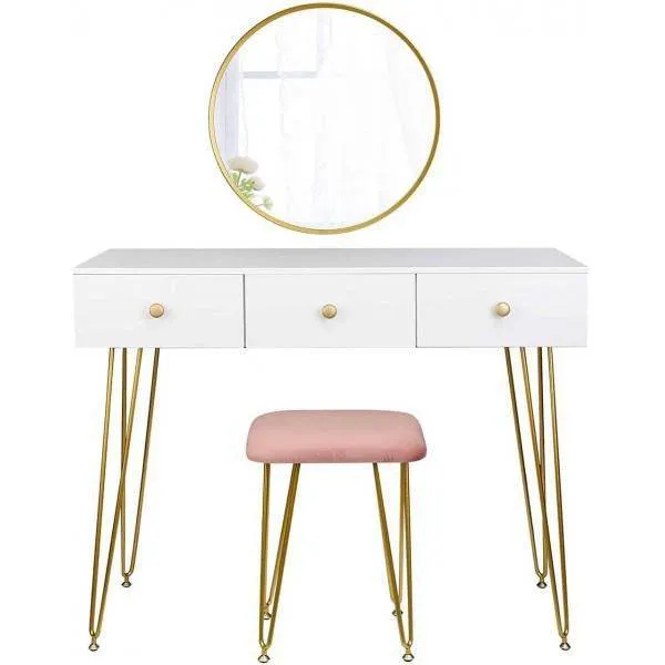 Schminktisch mit Hocker & Spiegel modernes Design gold Modell Luxe