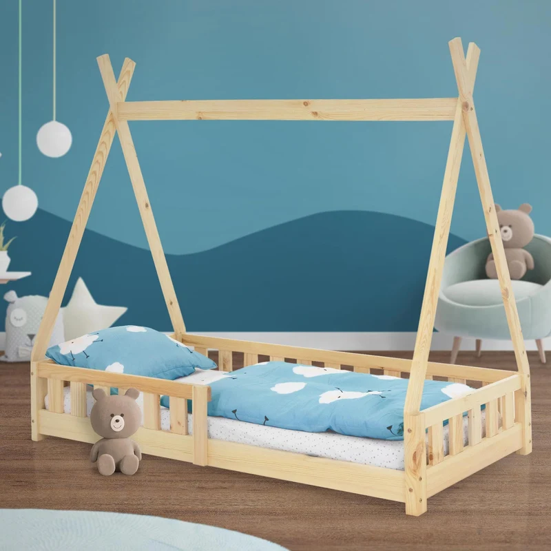 B-Ware Kinderbett Tipi 80x160 cm aus Kiefernholz mit Rausfallschutz und Lattenrost Holzbett ML-Design