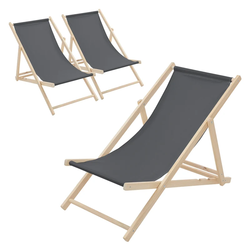 3er Set Gartenliege Holz Beachstuhl klappbarer Strandstuhl Strandliege Campingliege Sonnenliege Klappliegestuhl Anthrazit