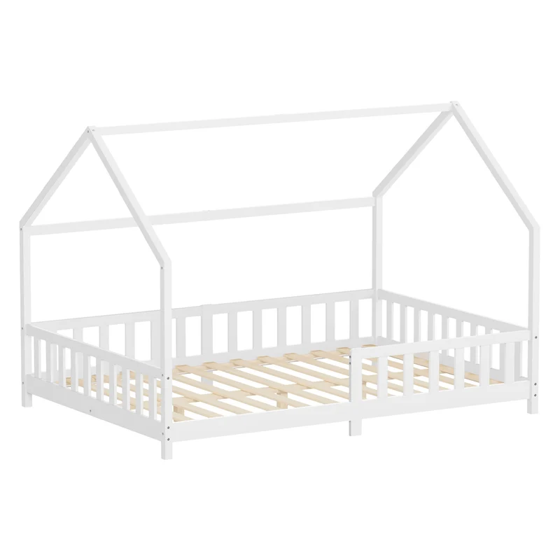 Kinderbett Hausbett 140x200 cm aus Kiefernholz Weiß mit Rausfallschutz Dach und Lattenrost Holzbett ML-Design