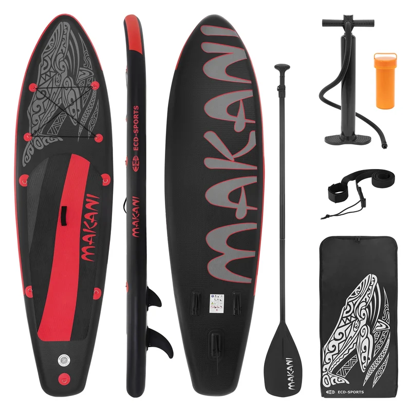 Stand Up Paddle aufblasbares SUP Board Makani 320x80x15 cm in Schwarz/Rot aus PVC inkl. Pumpe und Tragetasche