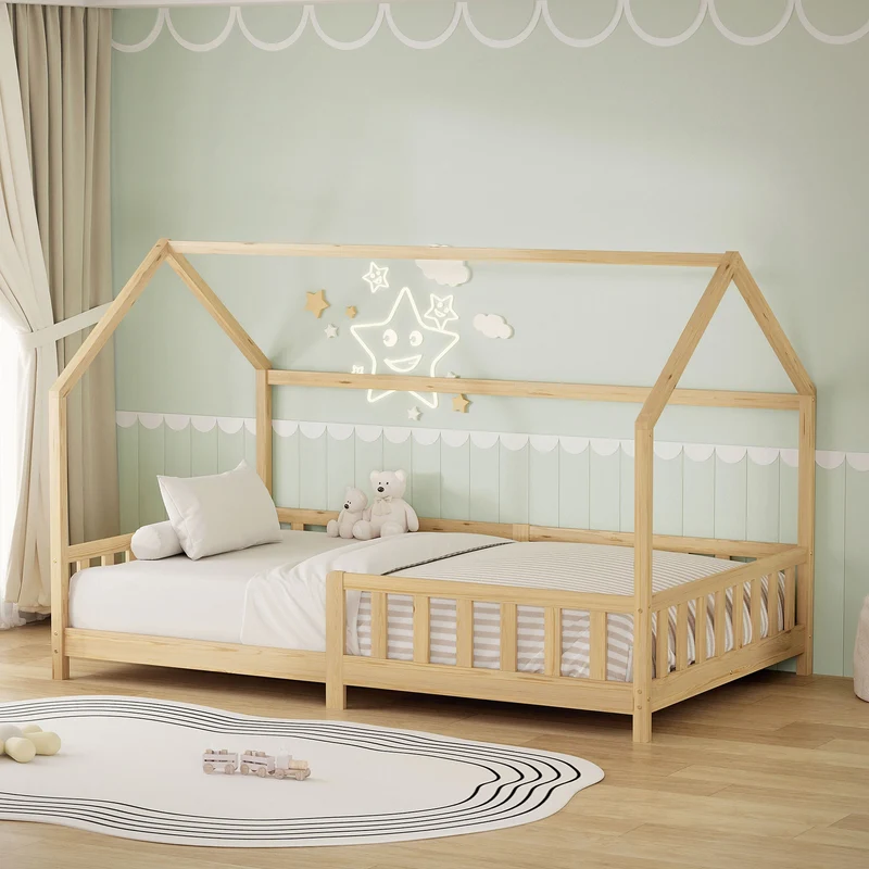 ML-Design | Kinderbett mit Dach, Rausfallschutz und Lattenrost, mit/ohne Matratze, aus Kiefernholz, Hausbett, Holzbett