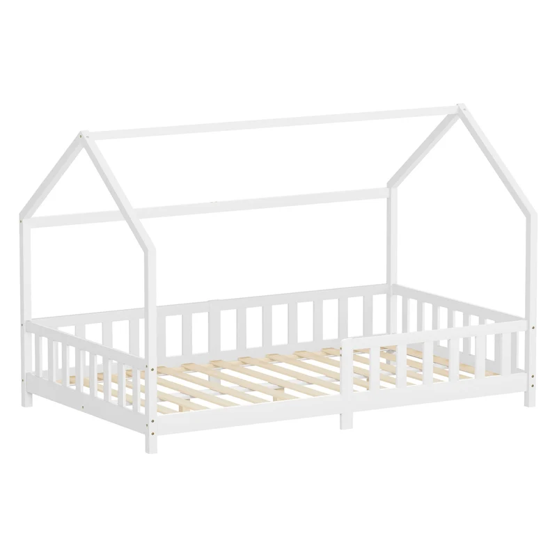 Kinderbett Hausbett 120x200 cm aus Kiefernholz Weiß mit Rausfallschutz Dach und Lattenrost Holzbett ML-Design