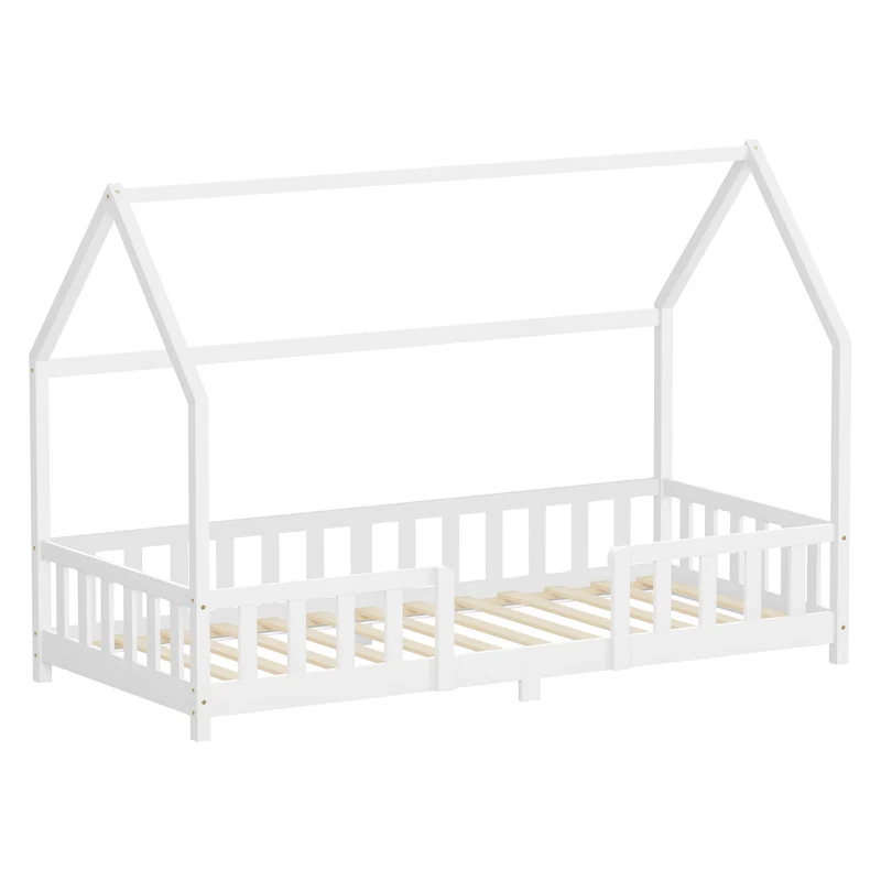 B-Ware Kinderbett Hausbett 90x200 cm aus Kiefernholz Weiß mit Rausfallschutz Dach und Lattenrost Holzbett ML-Design