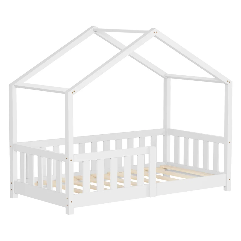 B-Ware Kinderbett Hausbett 70x140 cm Weiß aus Kiefernholz Holzbett mit Rausfallschutz und Lattenrost ML-Design
