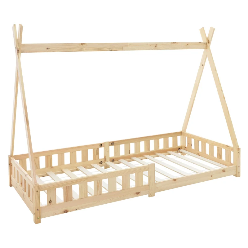 B-Ware Kinderbett Tipi 90x200 cm aus Kiefernholz mit Rausfallschutz und Lattenrost Holzbett ML-Design