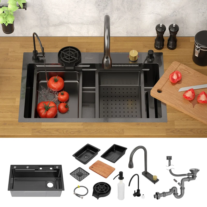 B-Ware Einbauspüle mit Wasserhahn Komplett Set 8-teilig Anthrazit 75x46 cm aus Edelstahl ML-Design