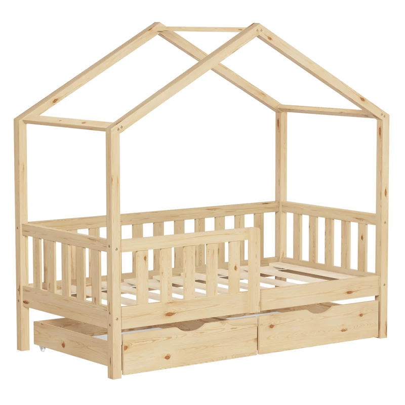 ML-Design | Kinderbett Hausbett mit 2 Schubkasten aus Kiefernholz mit Rausfallschutz und Lattenrost